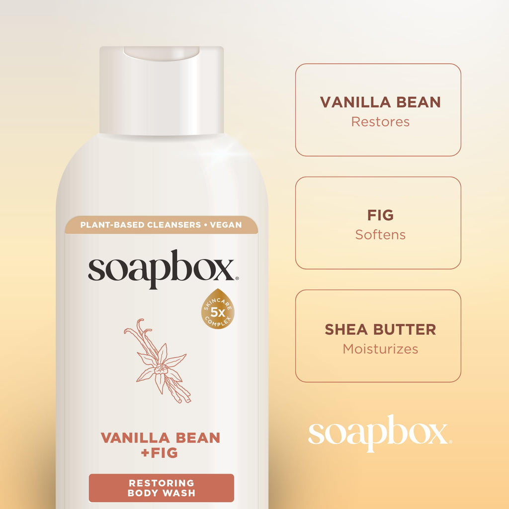 Soapbox Body Wash, Vanilla Bean & Fig Liquid Body Wash, Moisturizing Soap with Shea Butter, Vegan Duo Pack of 2 Soap Bottles, 20oz Each