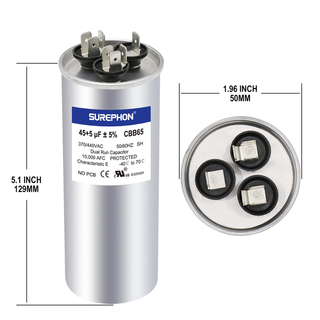SUREPHON 45+5 uF 45/5 MFD ±5% 370V/440VAC Dual Run Start Capacitor CBB65B Works for AC Unit Fan Motor Start or Heat Pump or Condenser Straight Cool