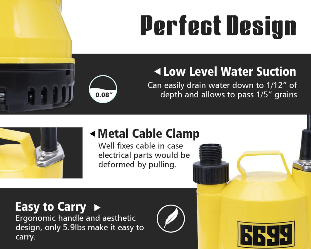 6699 1/6HP Portable Utility Pump Submersible Small Backup Sump Pump Draining Tool to Remove Water from Flooding House Basement Pool Tankless Heater Flushing Pump with 10-Foot Cord SUB 1100