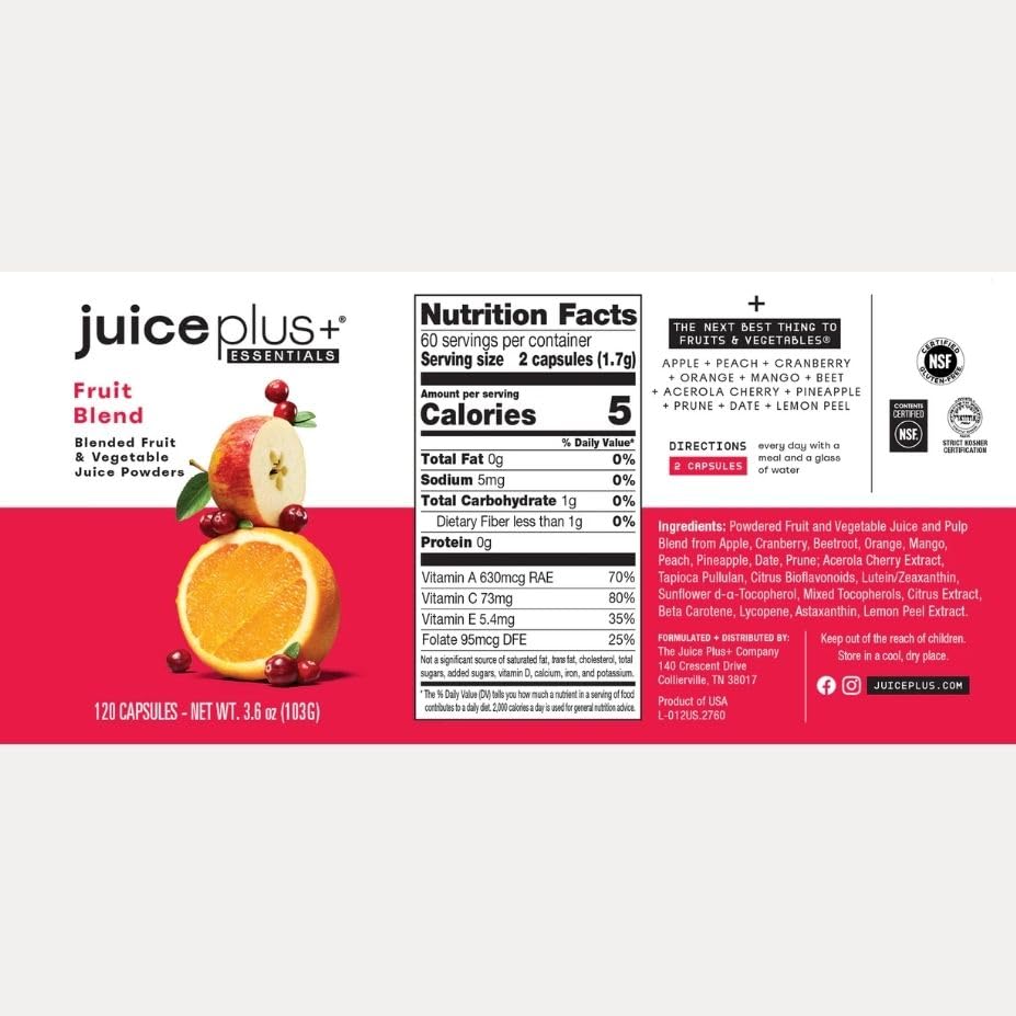 JuicePlus+ Fruit Blend: Plant-Based Whole Food Supplement with Apple, Peach, Cranberry, & More! - Vegan, Gluten-Free, Non-GMO, Kosher - Packed with Plant-Based Vitamins - 1 Bottle (60 Servings)