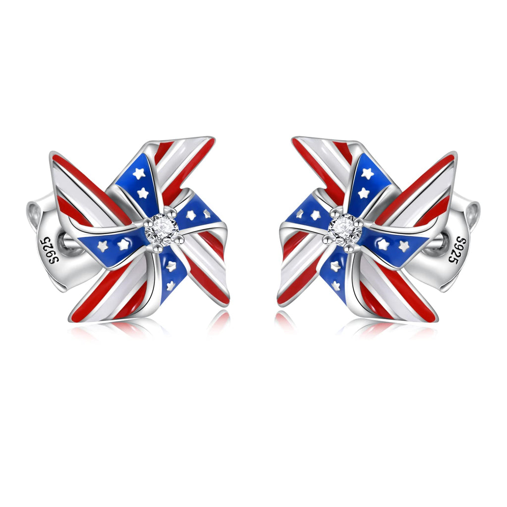 Silver USA American Flag Earrings - Patriotic Star Ears Stud Fourth of July Windmills Independence Day Hoop Jewelry Gift for Women Veterans