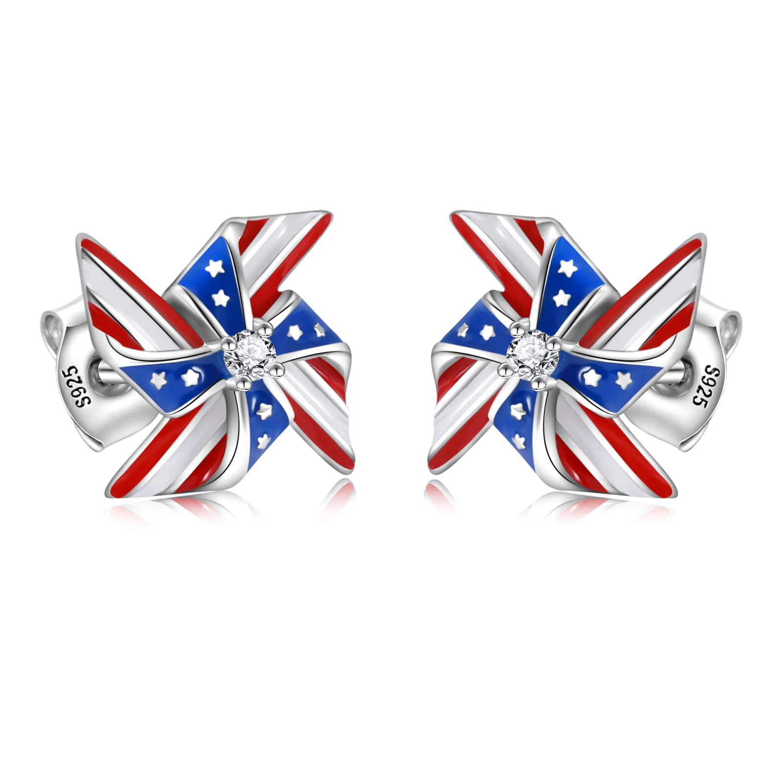 Silver USA American Flag Earrings - Patriotic Star Ears Stud Fourth of July Windmills Independence Day Hoop Jewelry Gift for Women Veterans