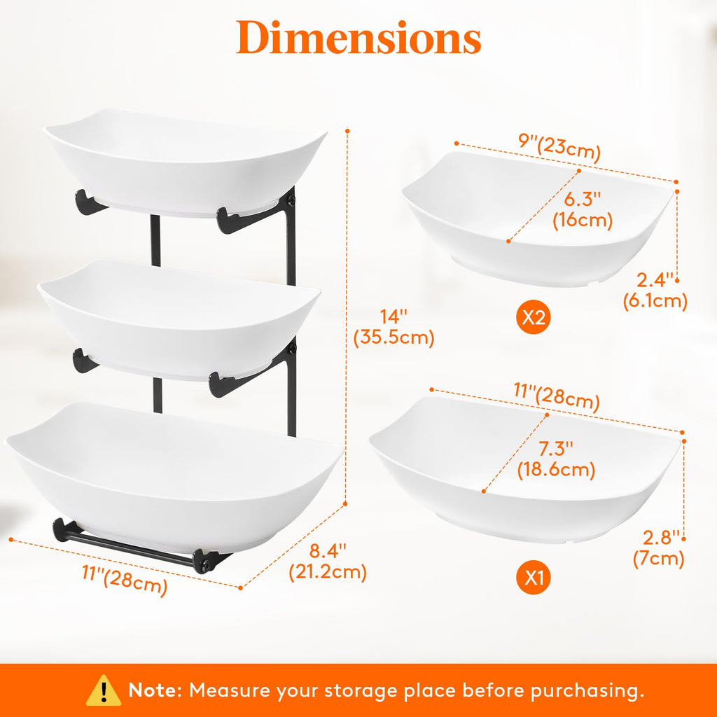 Lifewit Plastic Fruit Bowl for Kitchen Counter, 3 Tier Fruit Basket with Black Metal Stand, Tiered Fruit Holder for Countertop Serving Tray for Vegetable/Dessert in Party 28 x 21 x 35cm/11 x 8.4 x 14