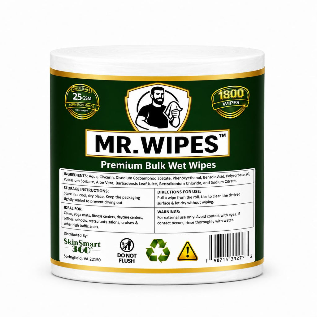 MR. WIPES Premium Bulk Wet Wipes – 1800 Count per Roll (4 Rolls), Gym & Fitness Equipment, Commercial Use, 8" x 6" Sheet, Value Series 25 GSM