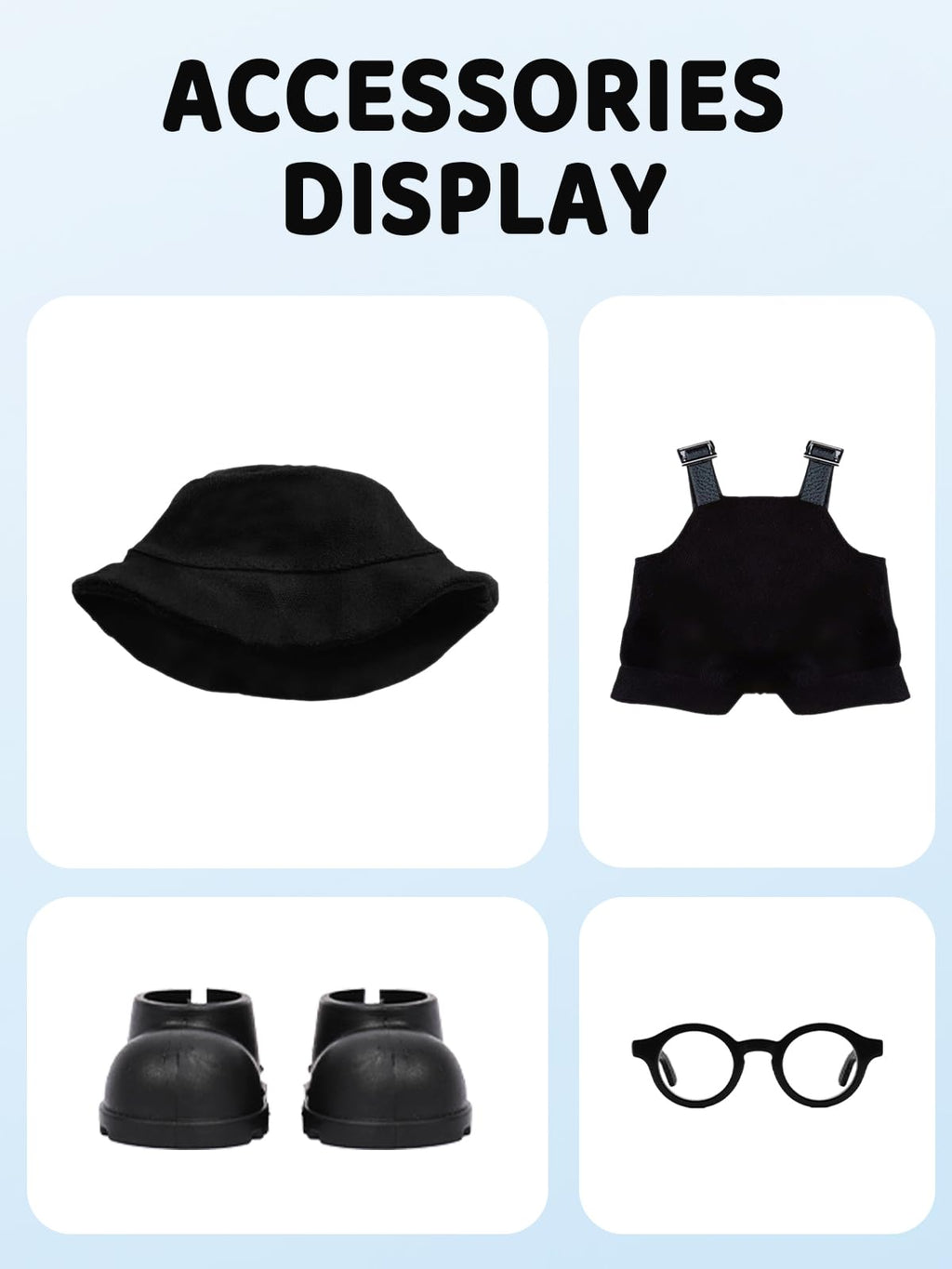 2PCS Doll Clothes Set for 17cm Dolls – Stylish Outfit with 2 Hat, 2 Overalls, 2 Shoes & 2 Glasses of Clothes Designer, Cute Clothes for Dress up Unique Style (Black+Pink) (Doll Not Included)