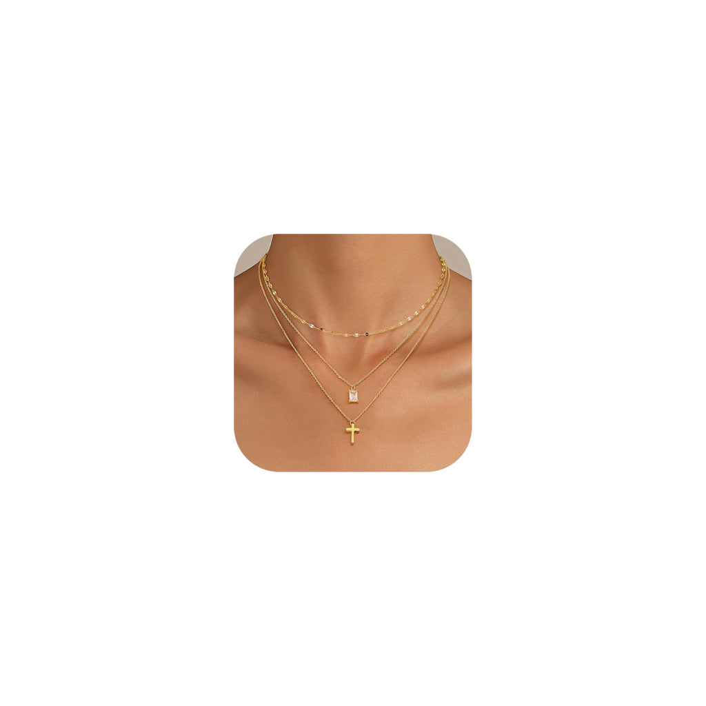 Kakonia Layered Gold Necklaces for Women, Gold Necklace Stack, Cross and CZ
