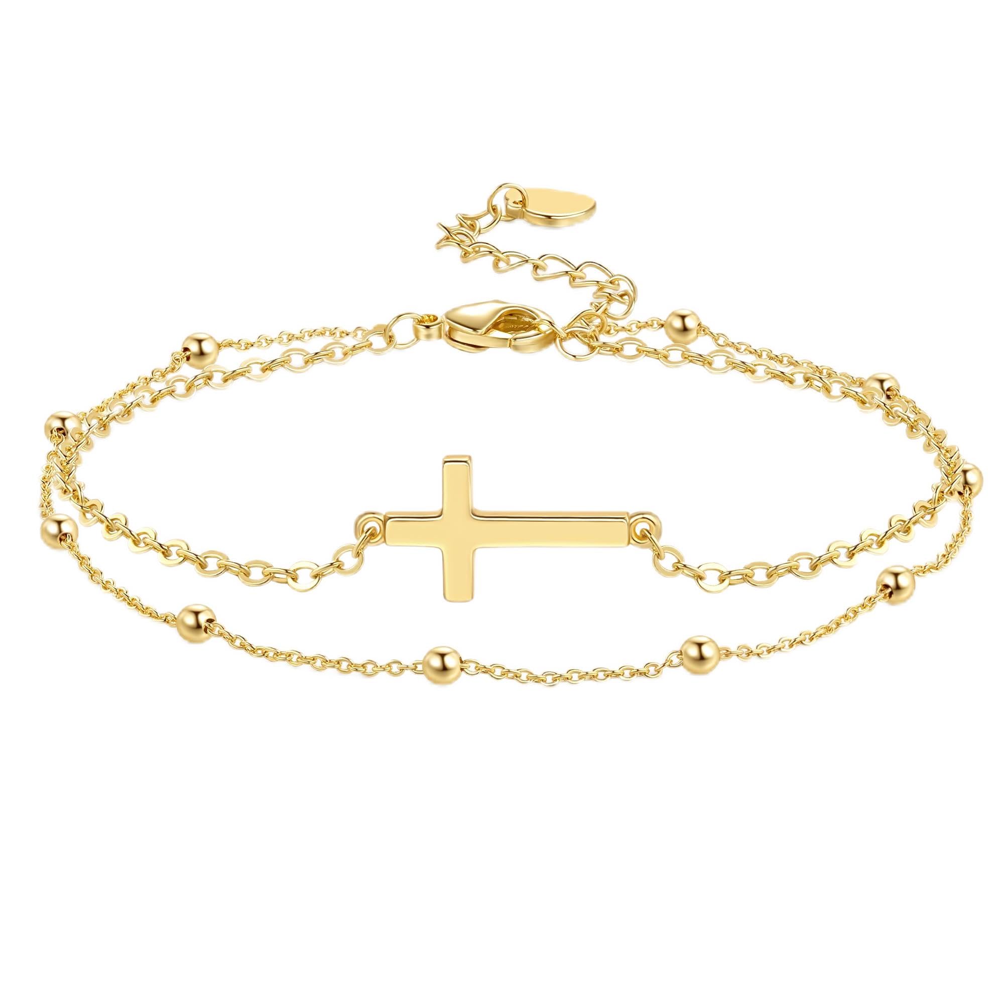 KHFGDS 14K Gold Cross Bracelet for Women Gold Bead Chain for Women