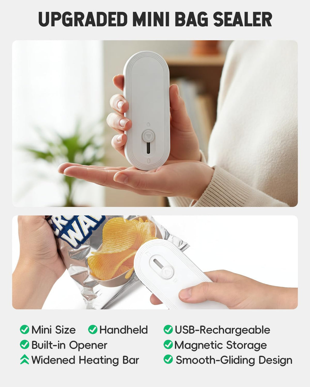 Mini Bag Sealer with Cutter and Magnet, 1800mAh Rechargeable Bag Resealer Handheld, Portable Heat Sealer for Plastic Snack & Chip Bags, Upgraded, Gift for Women, Food Saver, Kitchen Storage (White)
