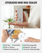 Mini Bag Sealer with Cutter and Magnet, 1800mAh Rechargeable Bag Resealer Handheld, Portable Heat Sealer for Plastic Snack & Chip Bags, Upgraded, Gift for Women, Food Saver, Kitchen Storage (White)