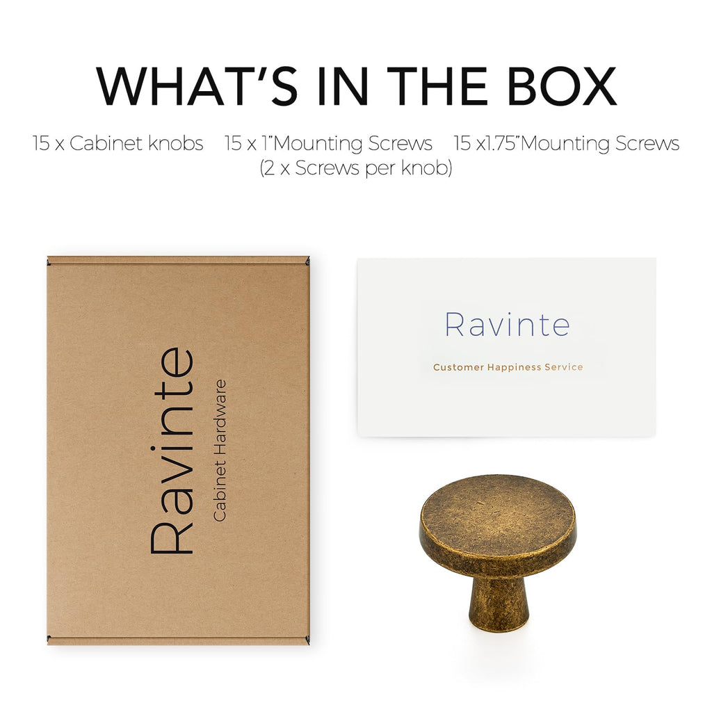 Ravinte 15 Pack Drawer Pulls 1-1/4 Inch Kitchen Cabinet Knobs Solid Round Dresser Drawer Knobs Antique Brass Dresser Knobs Drawer Knobs Simple Cabinet Hardware for Cupboard Drawer Pulls