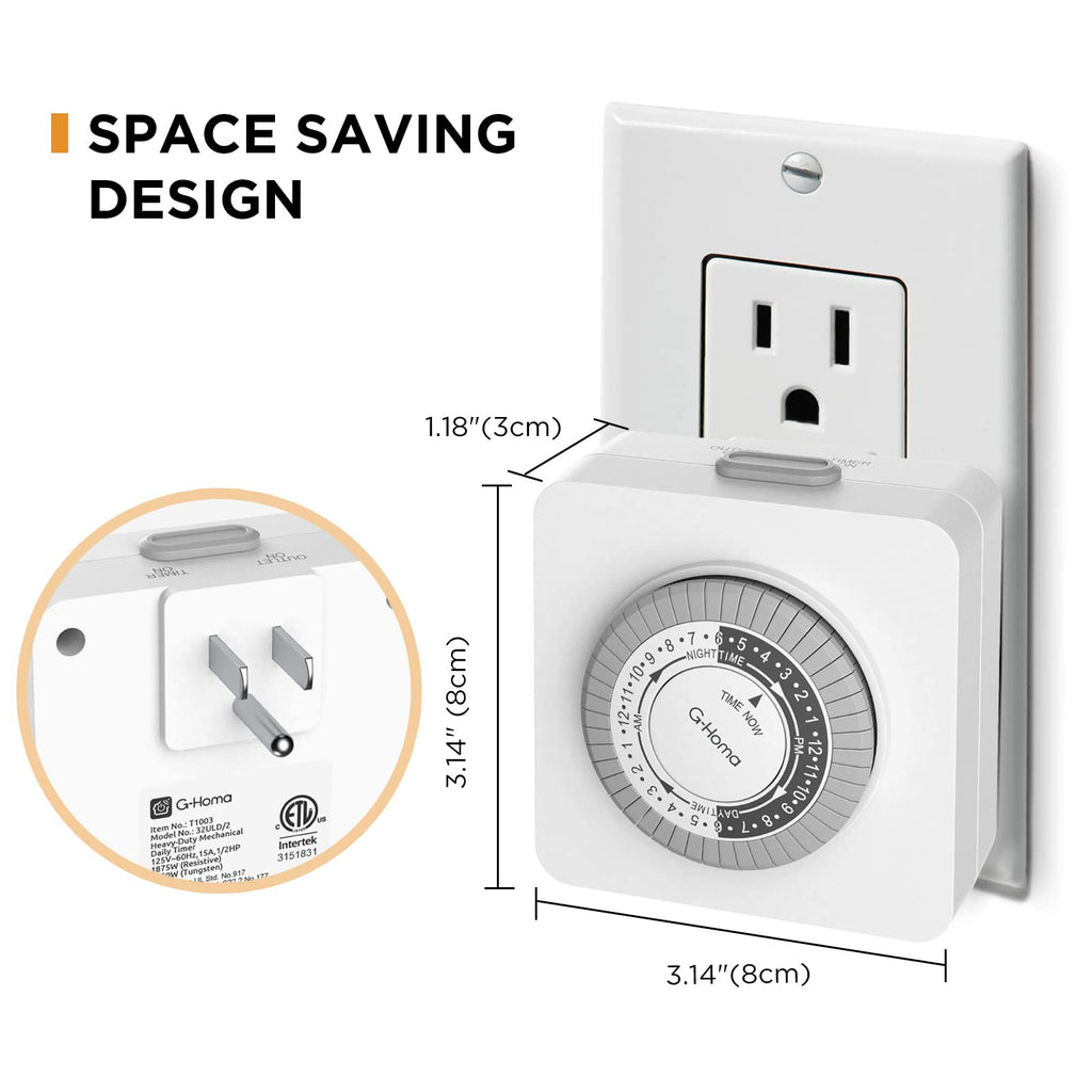 G-Homa Timer Outlet Electric Indoor with 2 Grounded Outlet,Plug-in 24-Hour Mechanical Timers,Daily On/Off Cycle,Energy Saving for Lamps, Seasonal, Christmas Lights and Holiday Decorations (2 Pack)