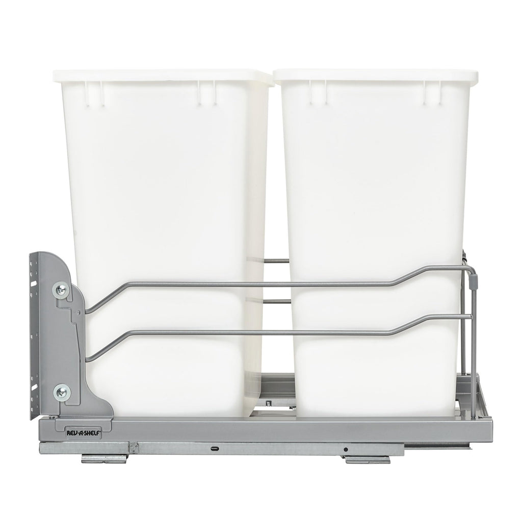 Rev-A-Shelf Double 35 Qt Pullout Trash Cans with Soft-Close for Under Kitchen Cabinets, Min Opening Width of 14.5", White, 53WC-1835SCDM-211