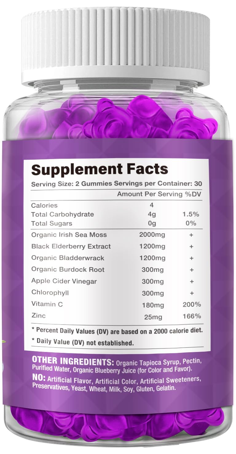 Riyuetian Sea Moss & Elderberry Gummies, Blueberry Flavored Gummy, Vitamins Sea Moss Supplements with Vitamin C + Zinc and Apple Cider Vinegar, Good Texture, Vegan-Friendly, 120 Count(Pack of 2)