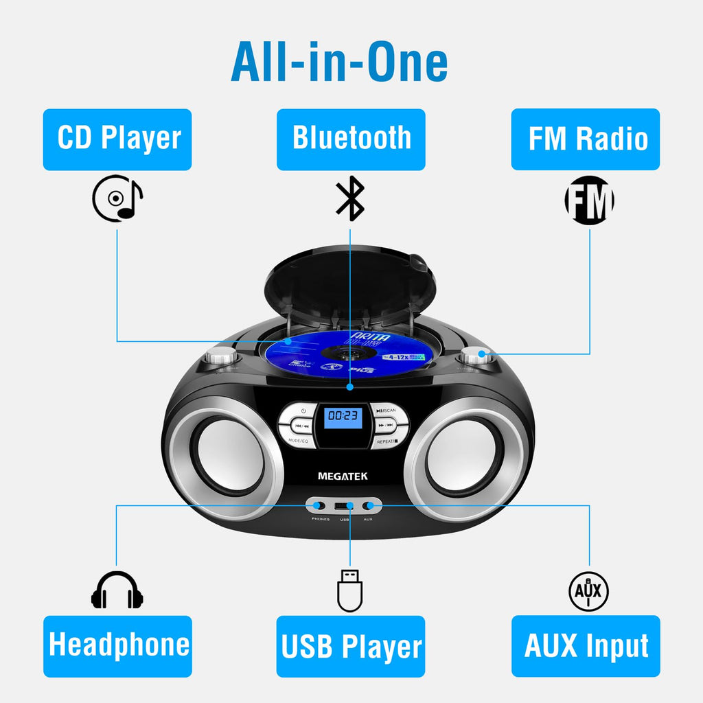 MEGATEK Portable CD Player Boombox with Bluetooth & FM Radio – Black