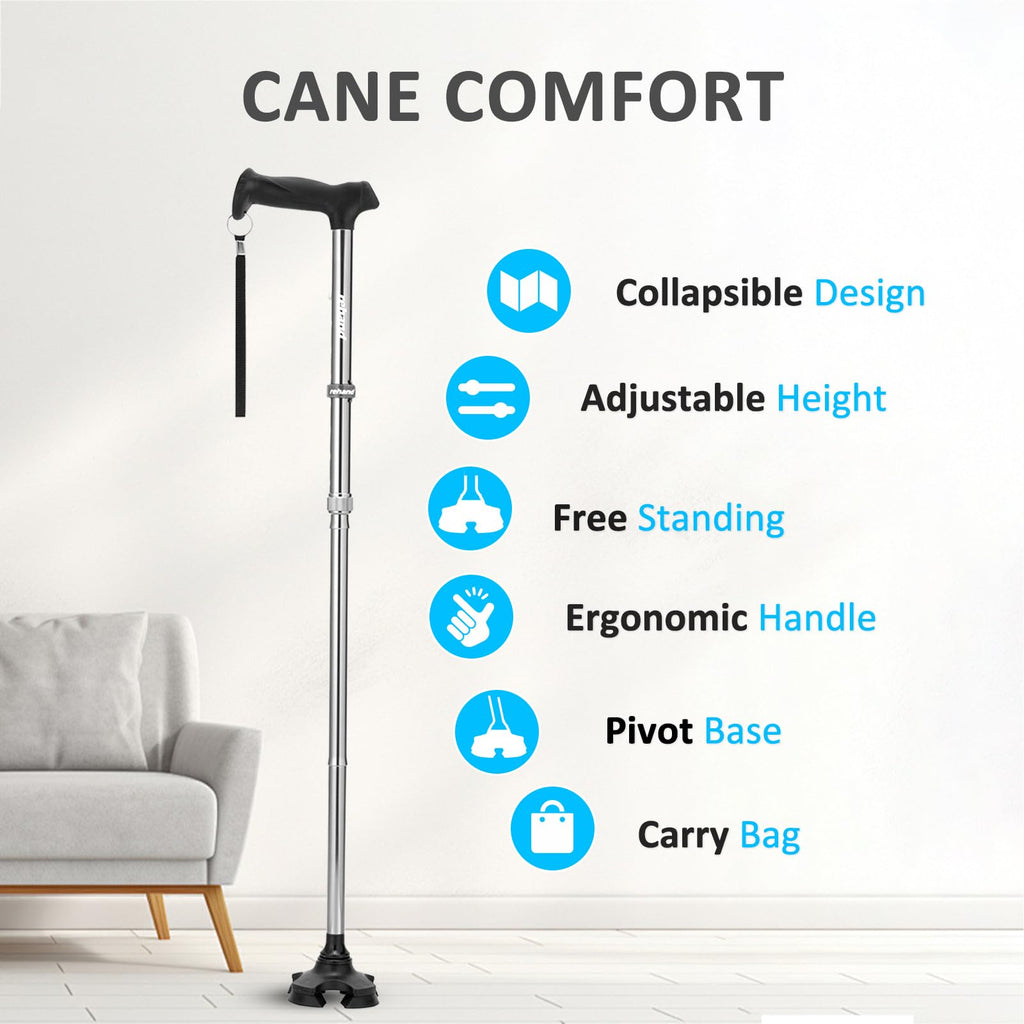 REHAND Walking Cane for Men & Women - Foldable, Adjustable, Lightweight, Self Standing Pivot Walking Cane, Soft Handle Grip, with Travel Bag, Walking Sticks for Seniors & Adults (Sliver)