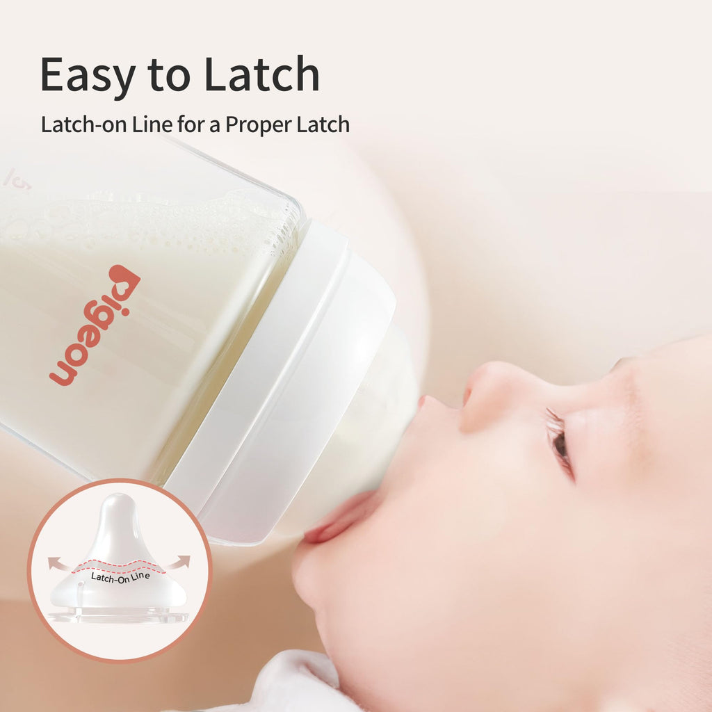 Pigeon Glass Nursing Bottle Wide Neck, Anti-Colic, Streamlined Body, Natural Feel, Easy to Clean, Heat-Resistant, 8.1 Oz (Pack of 2), Includes 2pcs M Nipples (3m+)