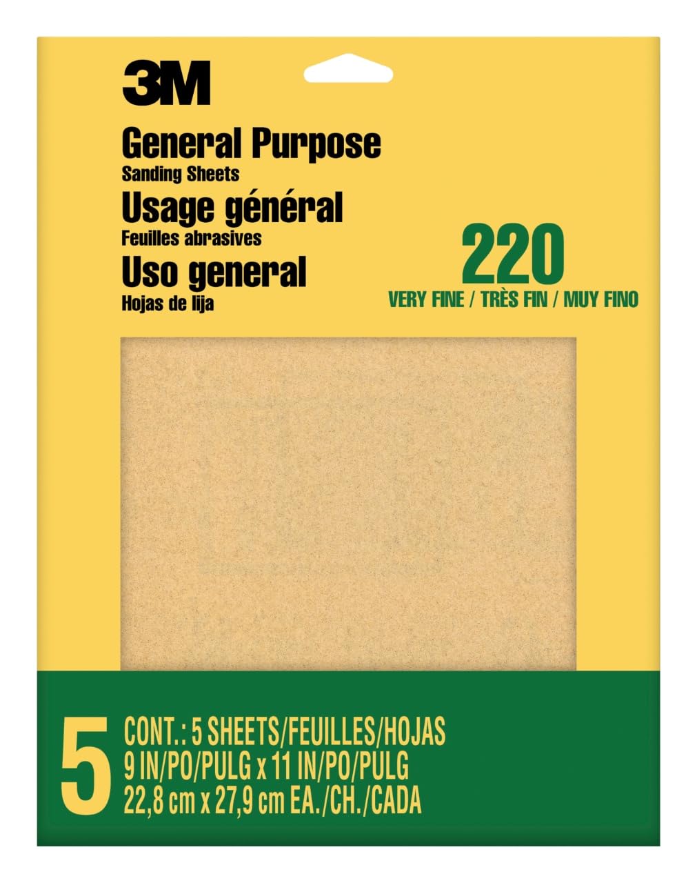 3M Sandpaper, 220 Grit, 5 Sheets, 9 x 11 in, Very Fine Aluminum Oxide