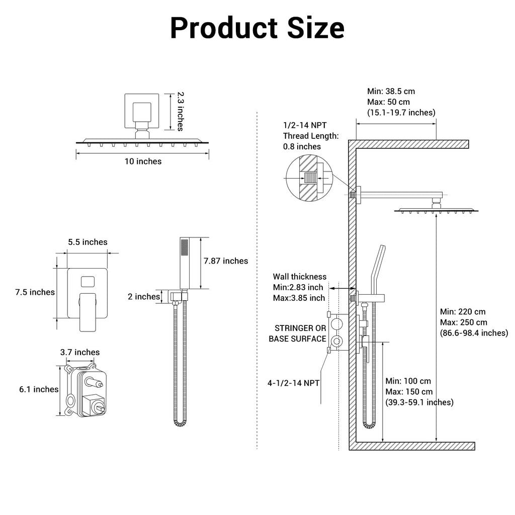 IUERASD Shower Faucet set with Shower head, Wall Mount 10 Inch Square Rainfall Shower Head and Handle Set Single Handle Shower System Set with Female Threads Valve Body and Trim Included (Brush Gold)