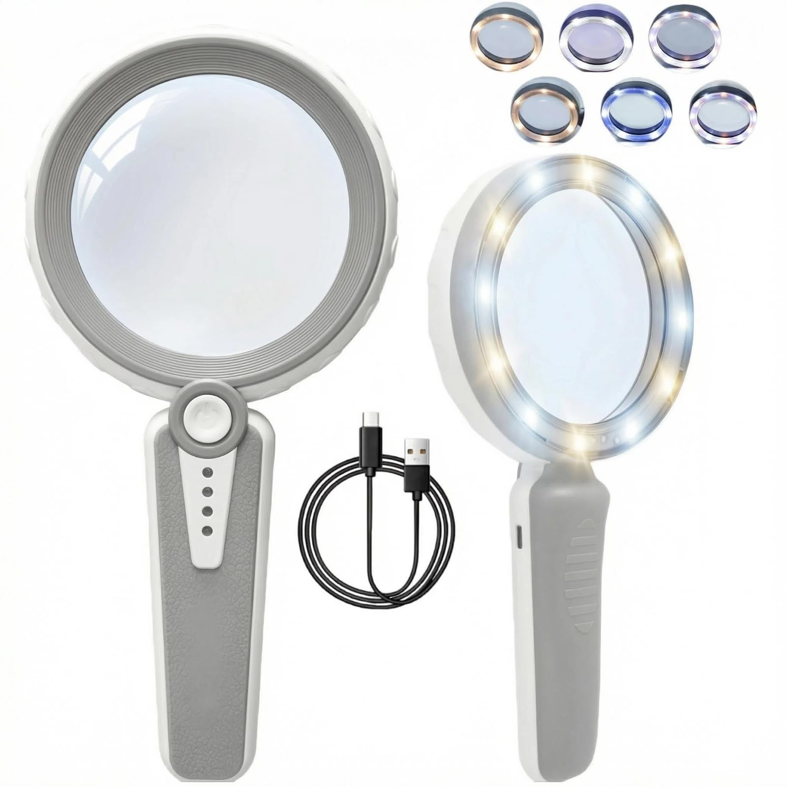HUIBOER 45X Magnifying Glass with Light, 4.6 Inch 1200mAh USB Rechargeable, 6 Light Modes, Large Handheld Magnifier for Low Vision Seniors with Macular Degeneration, Reading, Jewelry, Coins - Grey