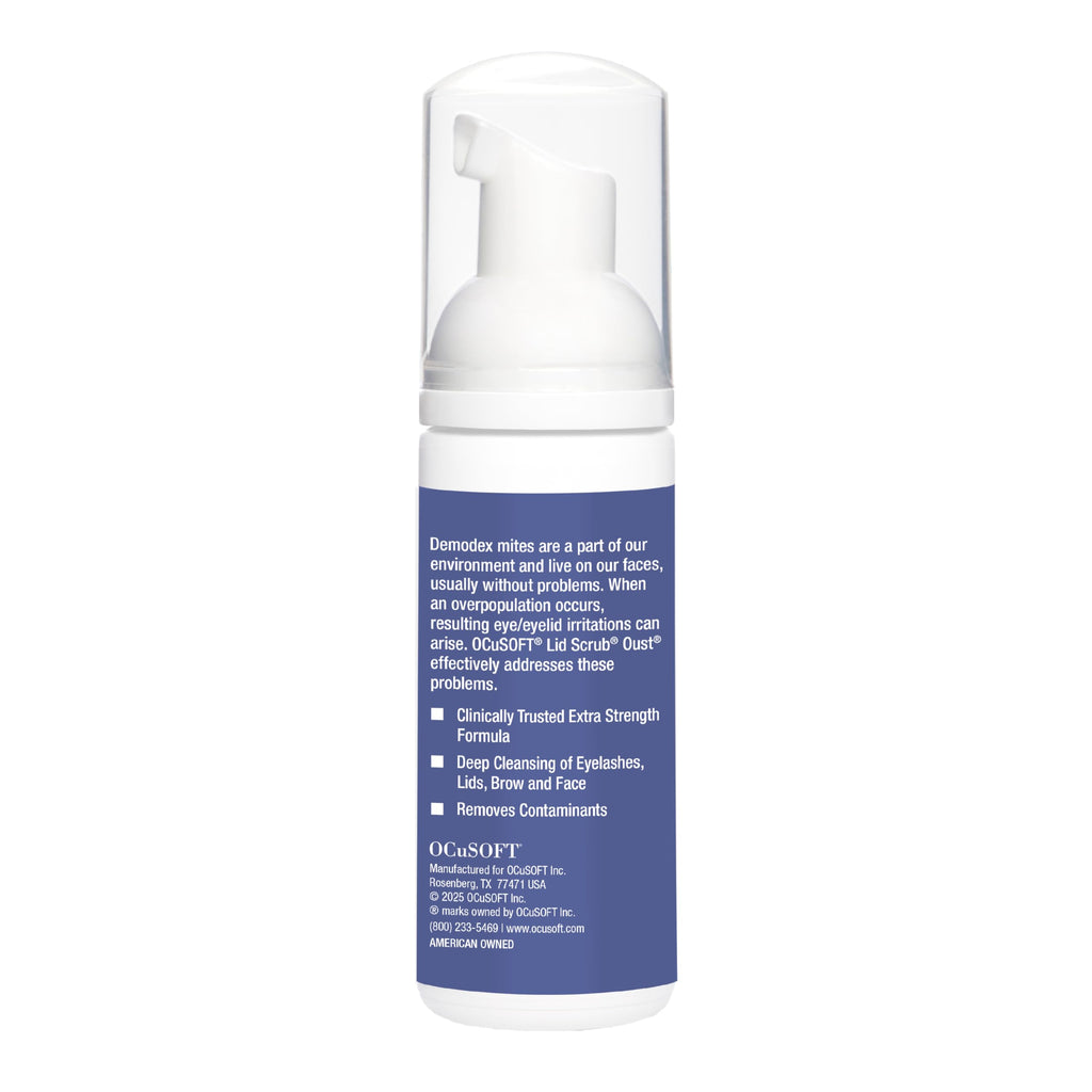 OCuSOFT Oust Demodex Foam Cleanser - Extra Strength - Foaming Cleanser for Eyelids & Eyelashes with Tea Tree Oil - Eyelid Cleanser to Remove Oil, Debris & Pollen - 1.68 fl oz