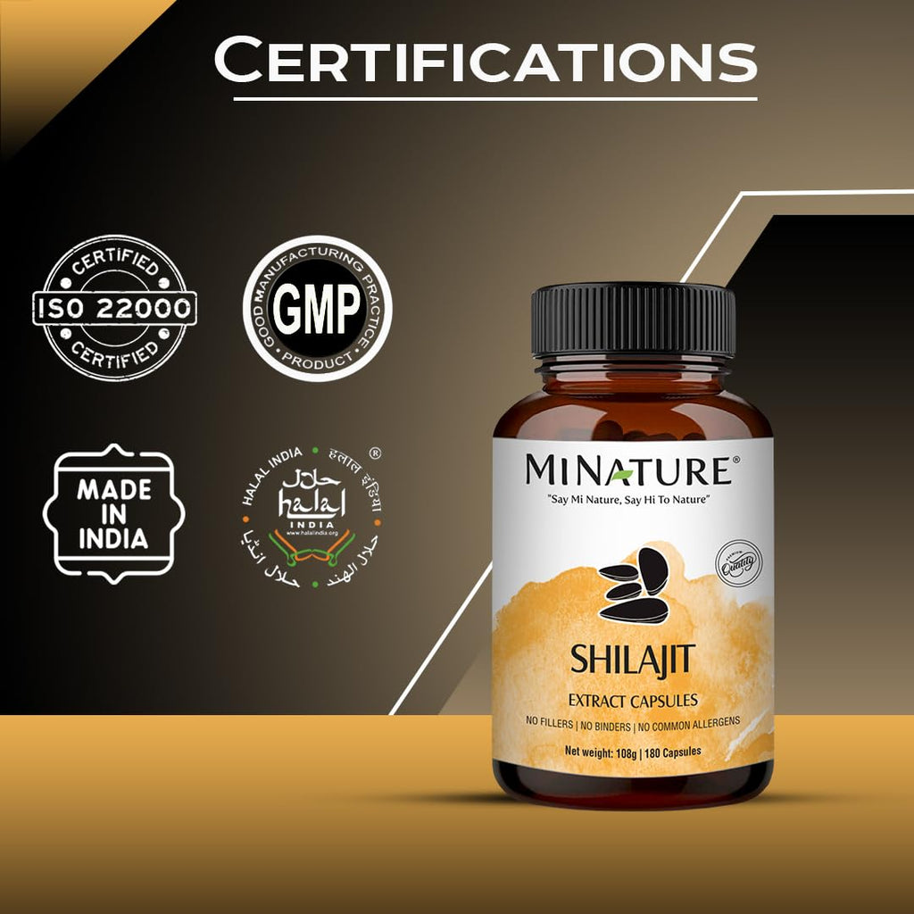 Shilajit Capsules - Non GMO Extract by mi Nature | 180 Veg Caps | Promotes Vibrant Energy & Vitality| 1000 mg | 100% Only Shilajit Extract Capsules | Fulvic Acid