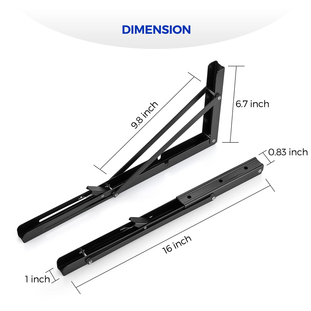 Ravinte 2 Pack 16 Inch Folding Shelf Brackets – Matte Black, Heavy Duty Collapsible Brackets for Tables and Benches – Space-Saving Design