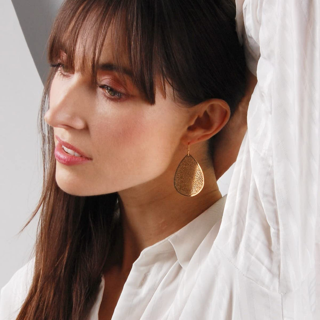 Gold Tone Teardrop Earrings for Women - Boho Simple Filigree Leaf Dangles