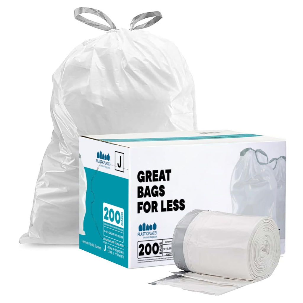 Plasticplace White Drawstring Lavender and Soft Vanilla Scented Garbage Can Liners, Compatible with Code J (200 Count) 10-10.5 Gallon / 38-40 Liter, 21" x 28 "