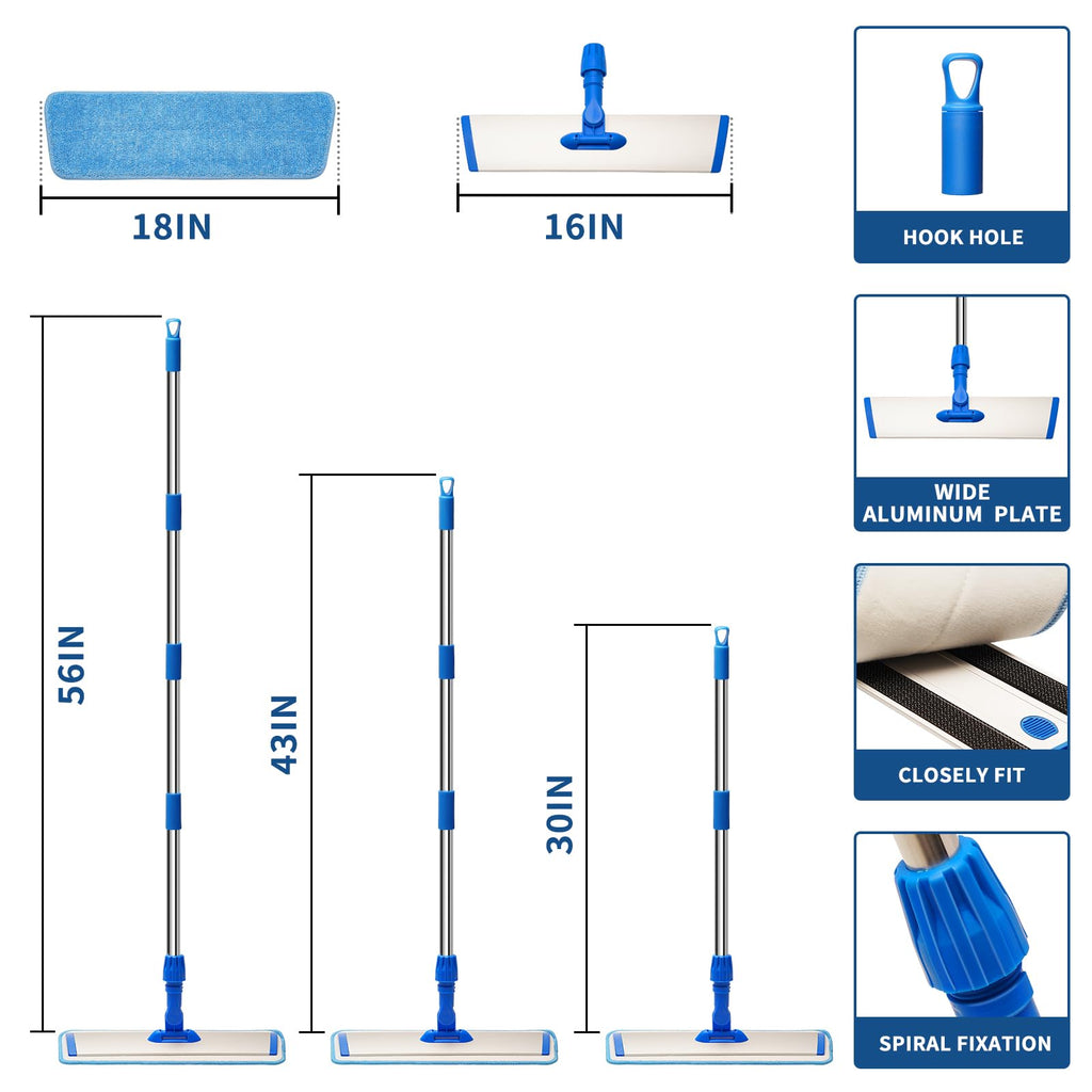 18" Professional Microfiber Mop Floor Cleaning, Flat Mop with Stainless Steel Handle,360-Spin Head with 2 Reusable Washable Pads, Microfiber Wet and Dust Mopping for Hardwood and Tile,Blue
