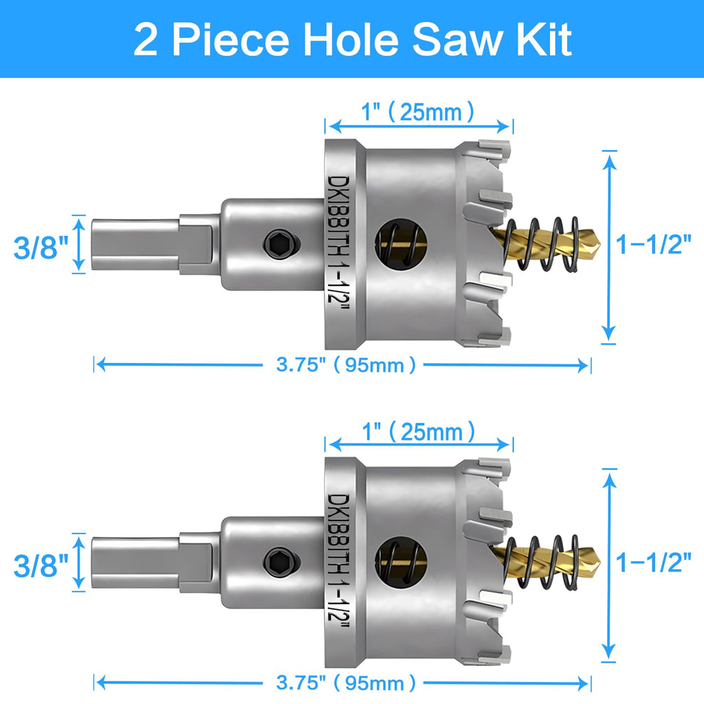 TCT Hole Saw Set, 2-Pack of 1-1/2" (38mm) Heavy Duty Tungsten Carbide Tipped Hole Cutters for Stainless Steel Mild Steel Copper Iron Brass Plastic and More, with Titanium-Plated Pilot Drill Bits