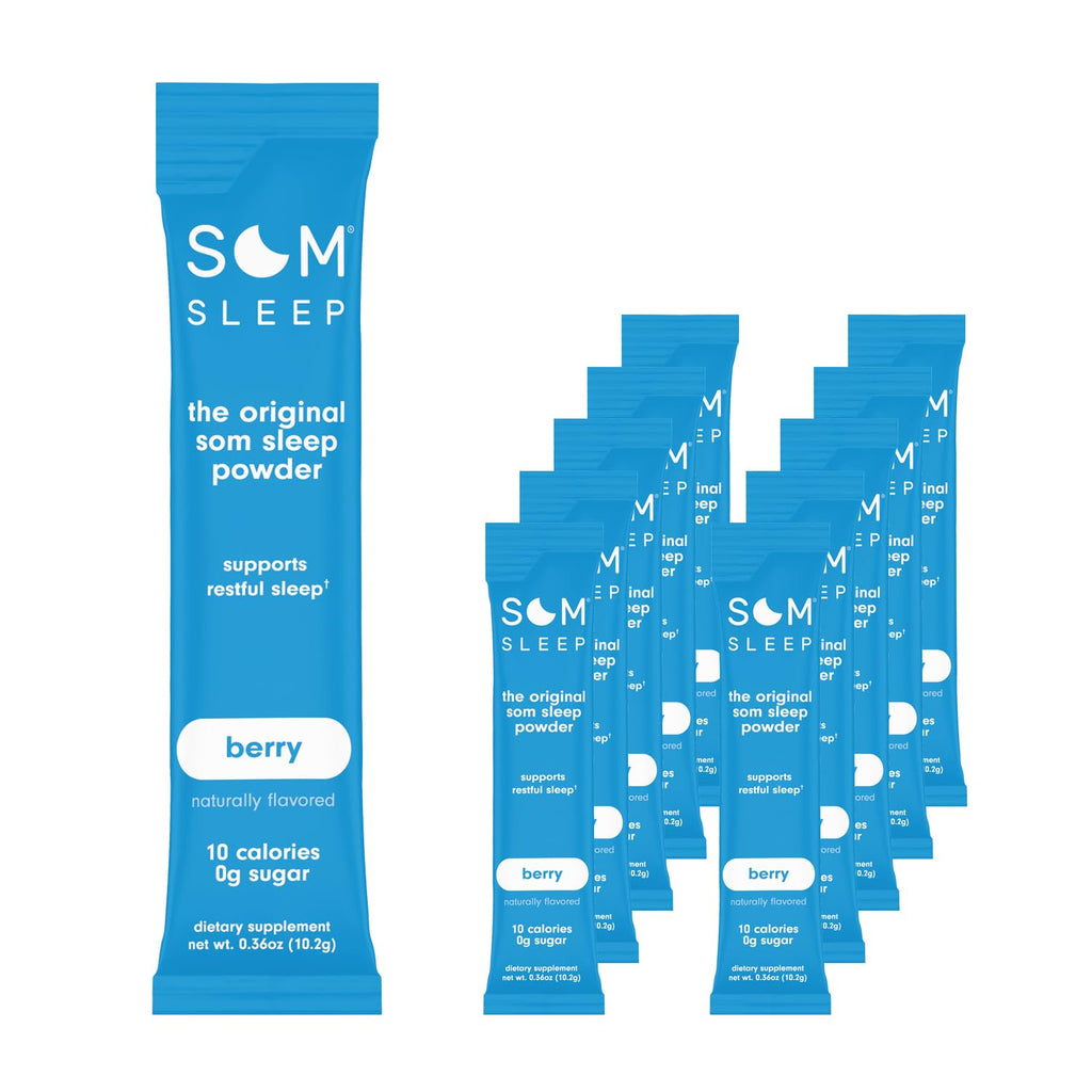 Som Sleep, Calm Sleep Nighttime Powder Drink Mix, Melatonin 3mg, Magnesium, Vitamin B6, L-Theanine & GABA – Vegan, Zero Sugar – Berry, 20-Pack