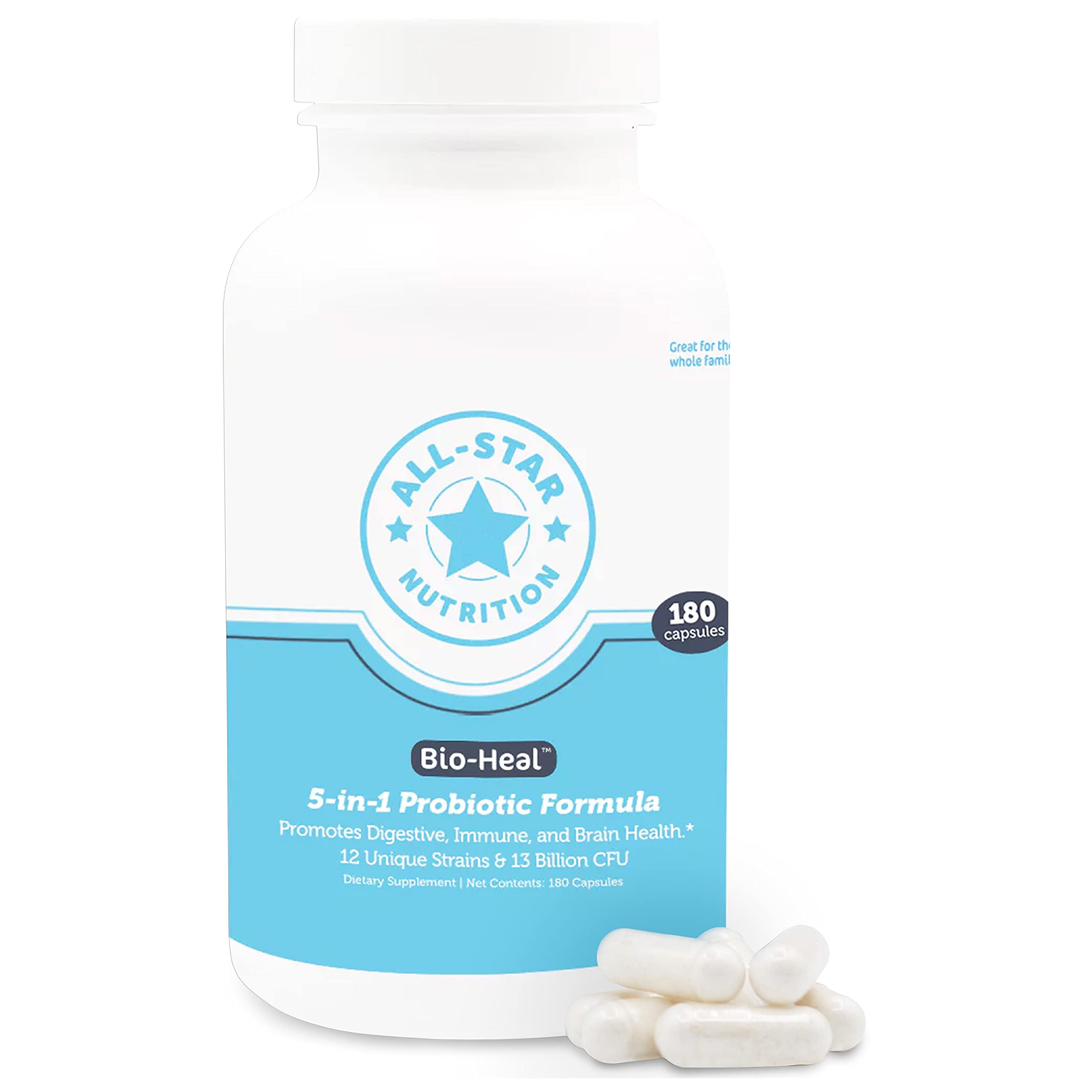5-in-1 Bio-Heal® Probiotic Capsules for Kids, Men & Women - Best Supplement for Brain Function, Gut Health & Constipation - Shelf Stable & Fortified with Vitamins, Minerals & Prebiotics