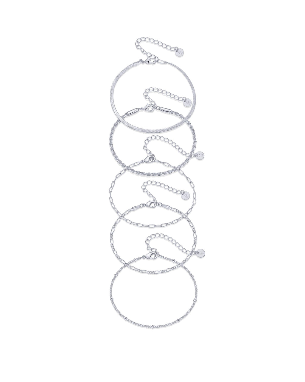 PAVOI Paperclip Beaded Stackable Chain Bracelet Set, White Gold