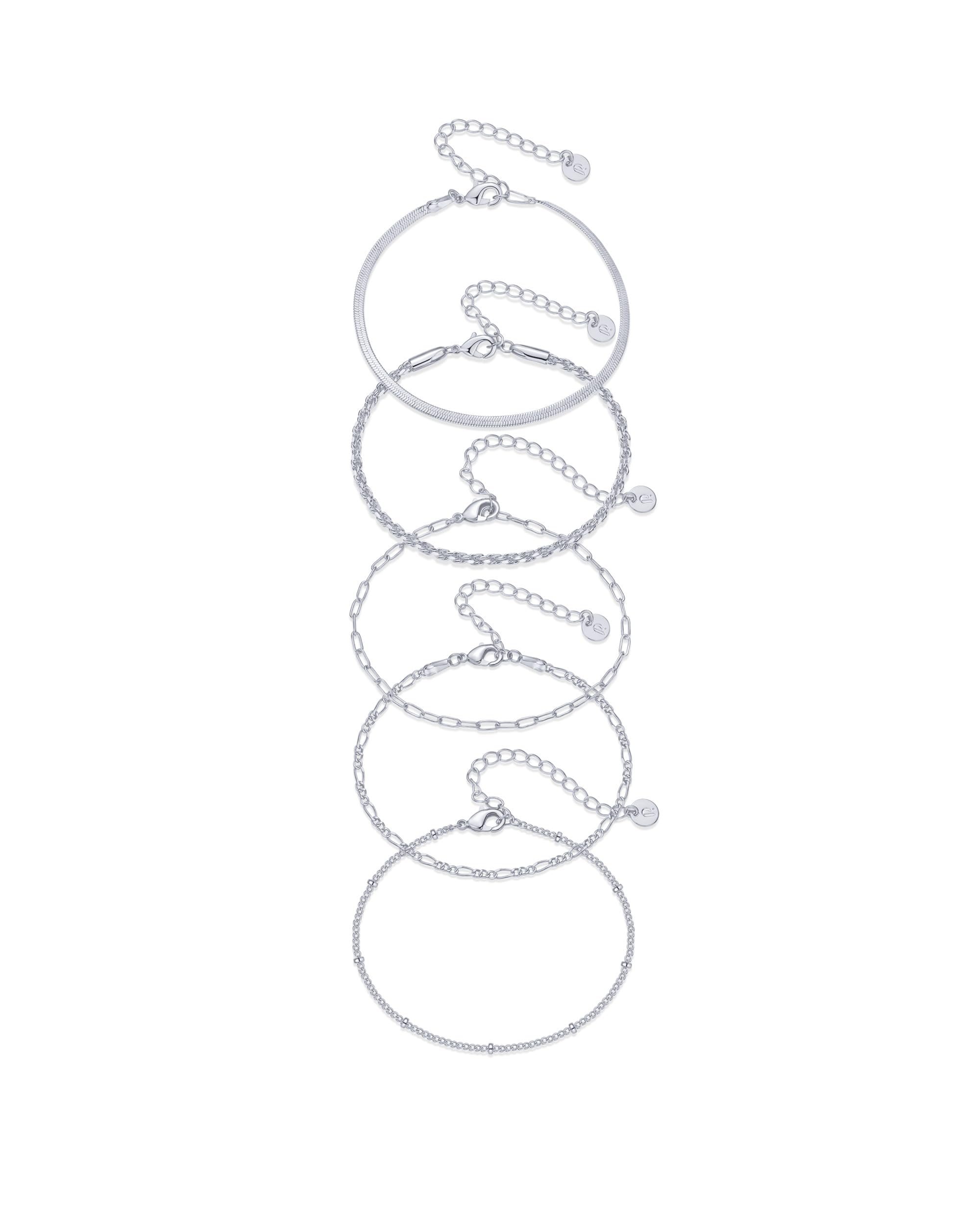 PAVOI Paperclip Beaded Stackable Chain Bracelet Set, White Gold