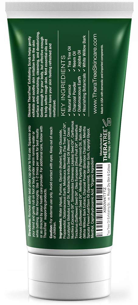 Oleavine TheraTree Tea Tree Oil Exfoliating Body Scrub - Deep Cleansing Foot & Body Charcoal Scrub with Peppermint, Spearmint & Neem - Soothing Exfoliator for Healthy-Looking Skin, 6 oz