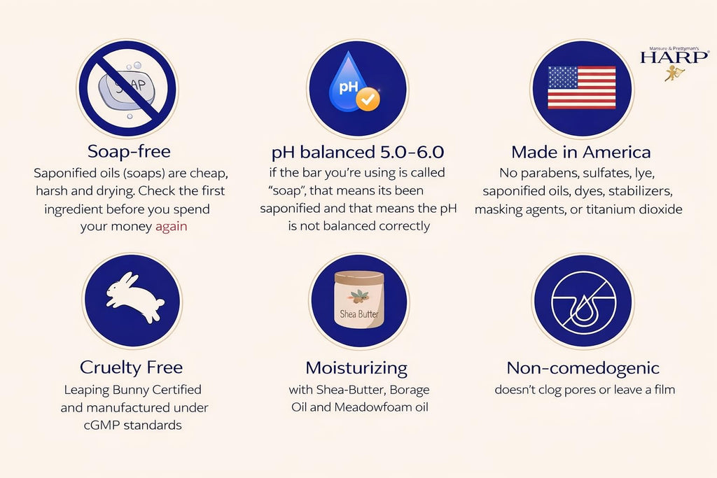 HARP® Fragrance Free Body Wash Bar – pH Balanced (5.0–6.0) Syndet Cleanser, No Lye, Non-Comedogenic, Gentle for Sensitive & Dry Skin, With Shea Butter & Borage Oil. 3-5oz Bars.