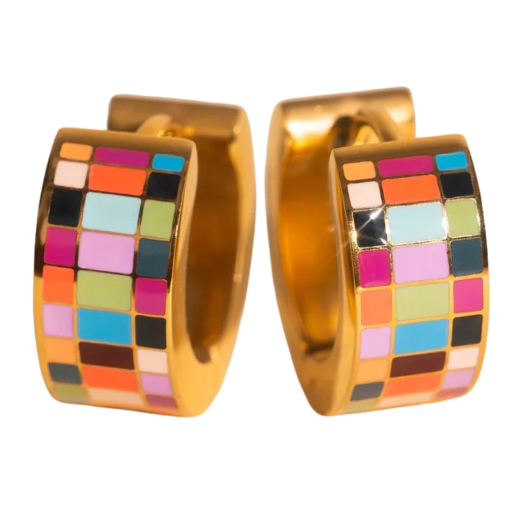 Oh Clementine Super Chunky Checkered Rainbow Huggie Hoop Adjustable Clasp Earrings for Women- 316L Stainless Steel with 18k PVD Gold Coating