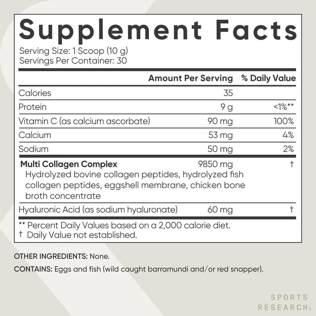 Sports Research® Multi Collagen Protein Powder - Food Sourced Collagen Peptides (Type I, II, III, V, X) with Hyaluronic Acid + Vitamin C - Gluten Free · Non-GMO · 30 Servings (Unflavored)