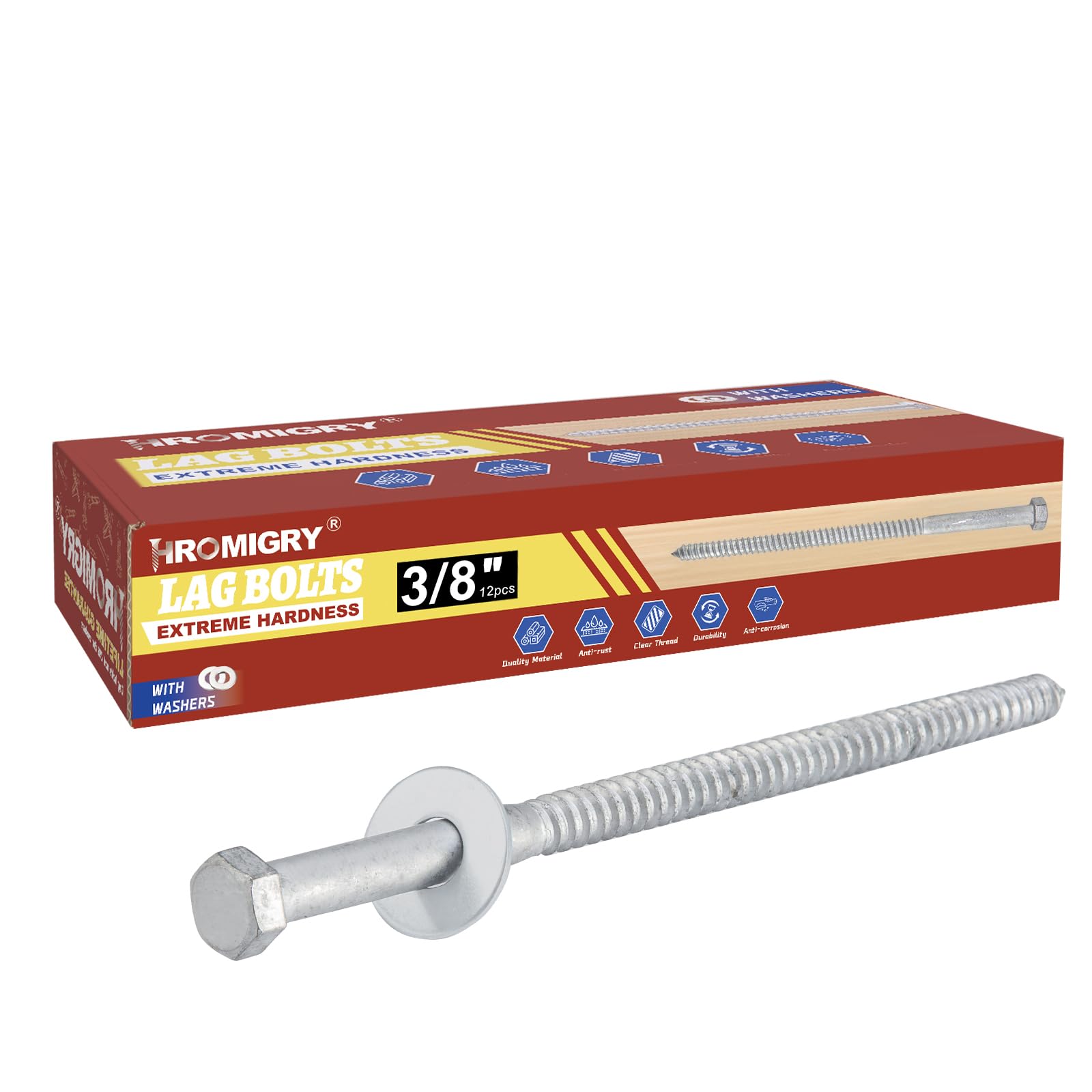 HROMIGRY 3/8" x 12" Lag Bolts (12 Pcs) Lag Screws for Wood, Hot Dip Galvanized, Hex Head with Washers