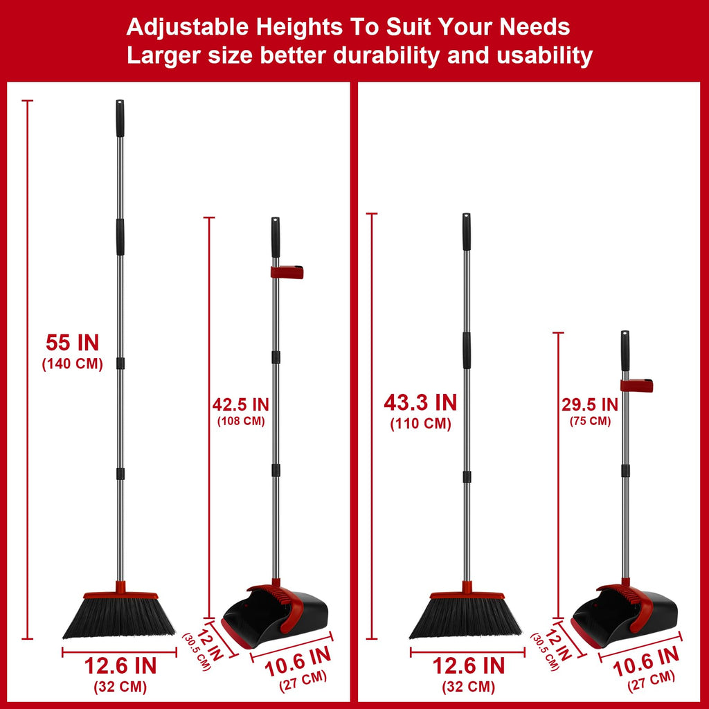UDUK Broom and Dustpan Set, Large Household Broom with Dustpan Combo Set, 55 Inch Long Handle, Red Dust Pan Combo Set for Home