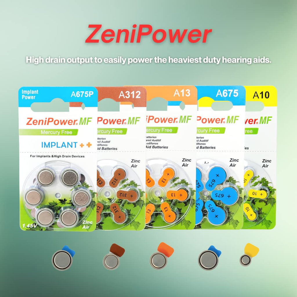 ZeniPower Cochlear Implant Batteries Size A675P Zero Mercury (60 Batteries)