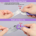 Vickay Folding Utility Knife, Box Cutter with 5 SK5 Quick Change Blades, Safety Axis Lock Design Razor Knife, Lightweight Aluminum Handle Belt Clip for Office Home Artcraft （Light Purple)