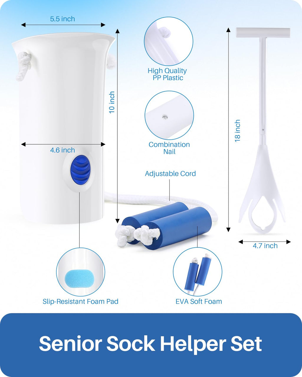 Jellas 4.6 Inch Wide Sock Aid Kit - Long Rope Assist Device for Seniors, Limited Mobility, Post-Surgery | No Bend Sock Helper & Remover | Easy On/Off Socks Tool (White)