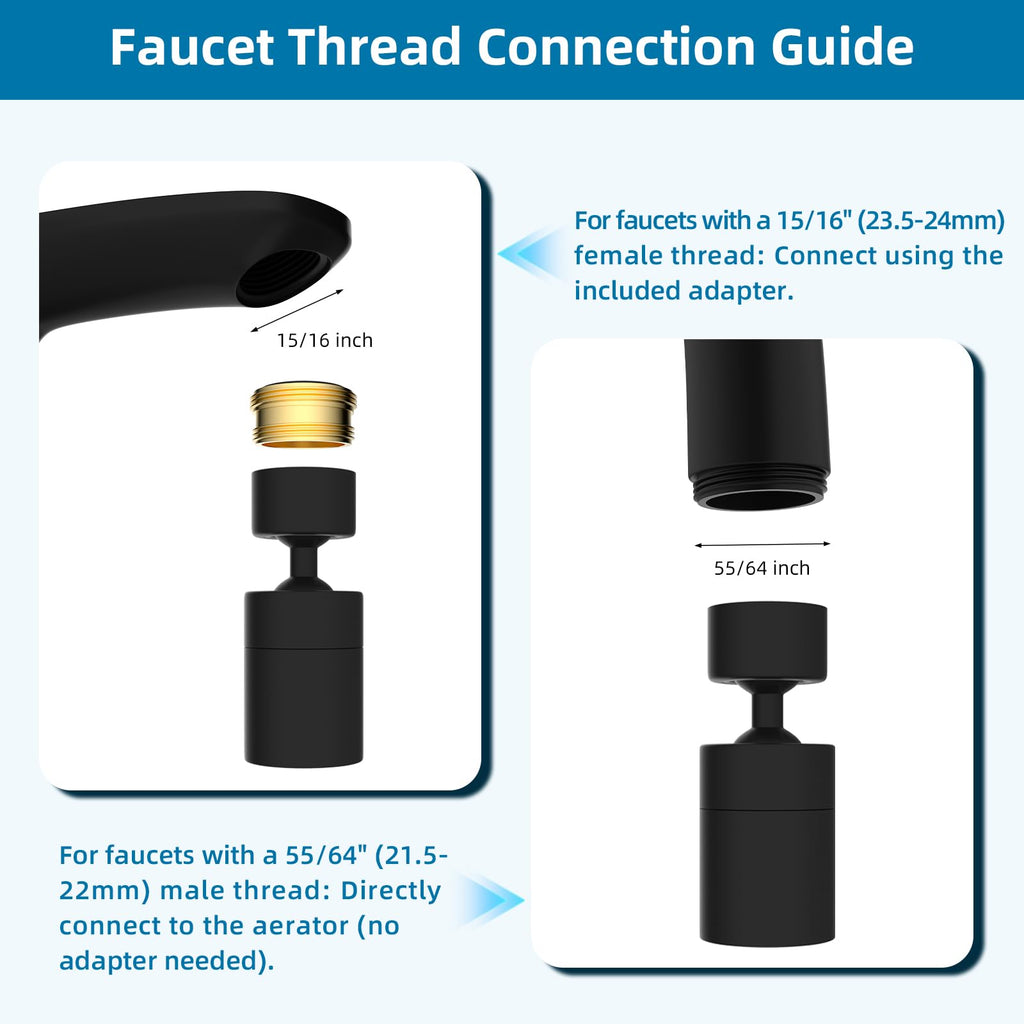 Hibbent NSF/ANSI/CAN 61 Certified Faucet Aerator, Kitchen Sink Faucet Aerator, 2-Flow CUPC Certification 360-degree Swivel Faucet Extender, 55/64 Inch Female Thread, Water Saving-Matte Black