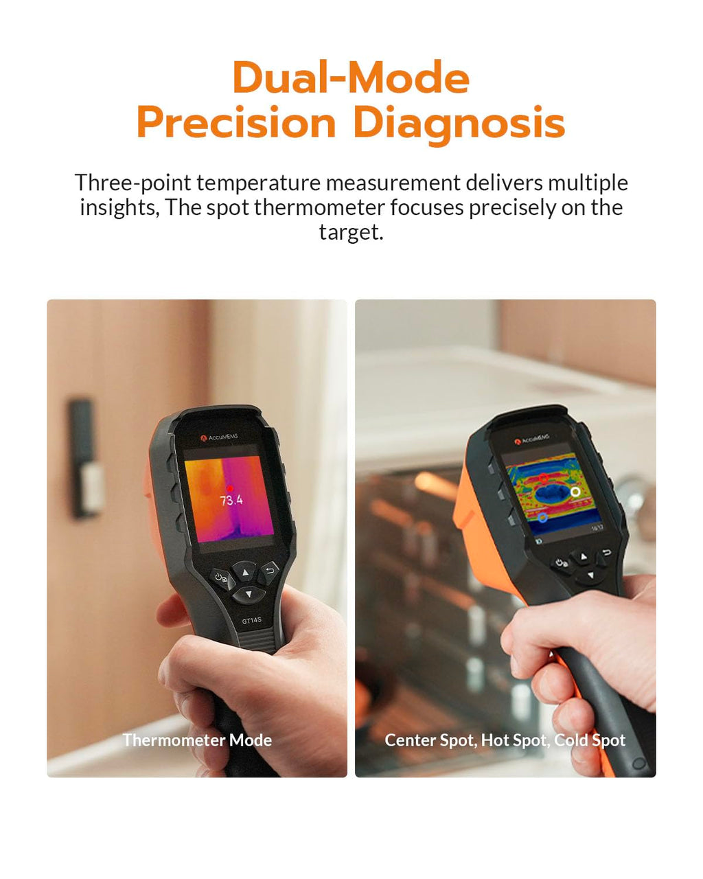 AccuMEMS GT14S Thermal Imaging Camera with Thermometer Mode, Ultra-Light 240g, -4°F~1022°F Range, 14H Runtime, Live Tracking with Edge-Enhanced Display, Infrared Camera for HVAC/Electrical Inspection