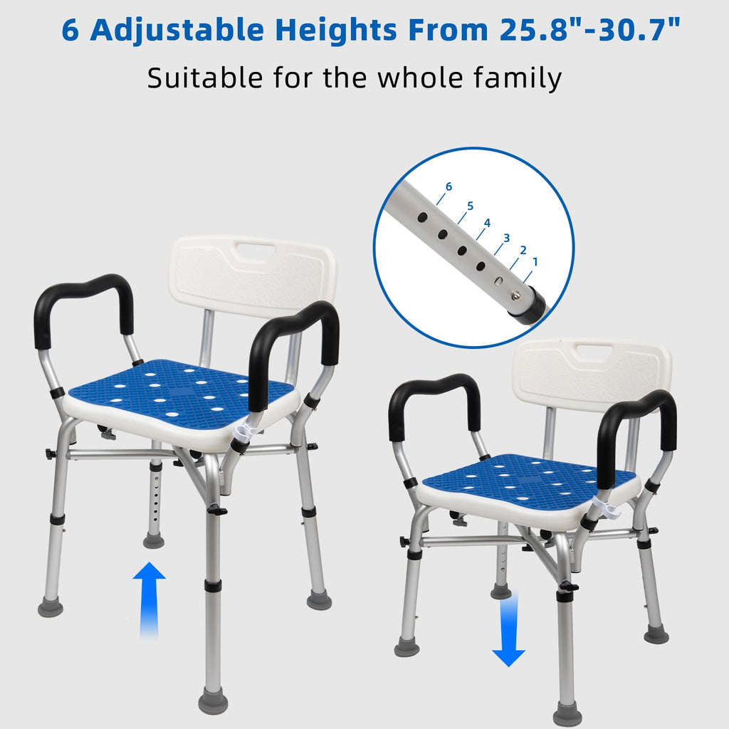 Shower Chair for Inside Shower 500lbs - Bariatric Shower Seat with Arms & Back, 6 Height Adjustment & Reinforced Crossbars for Elderly/Disabled Adults, Blue