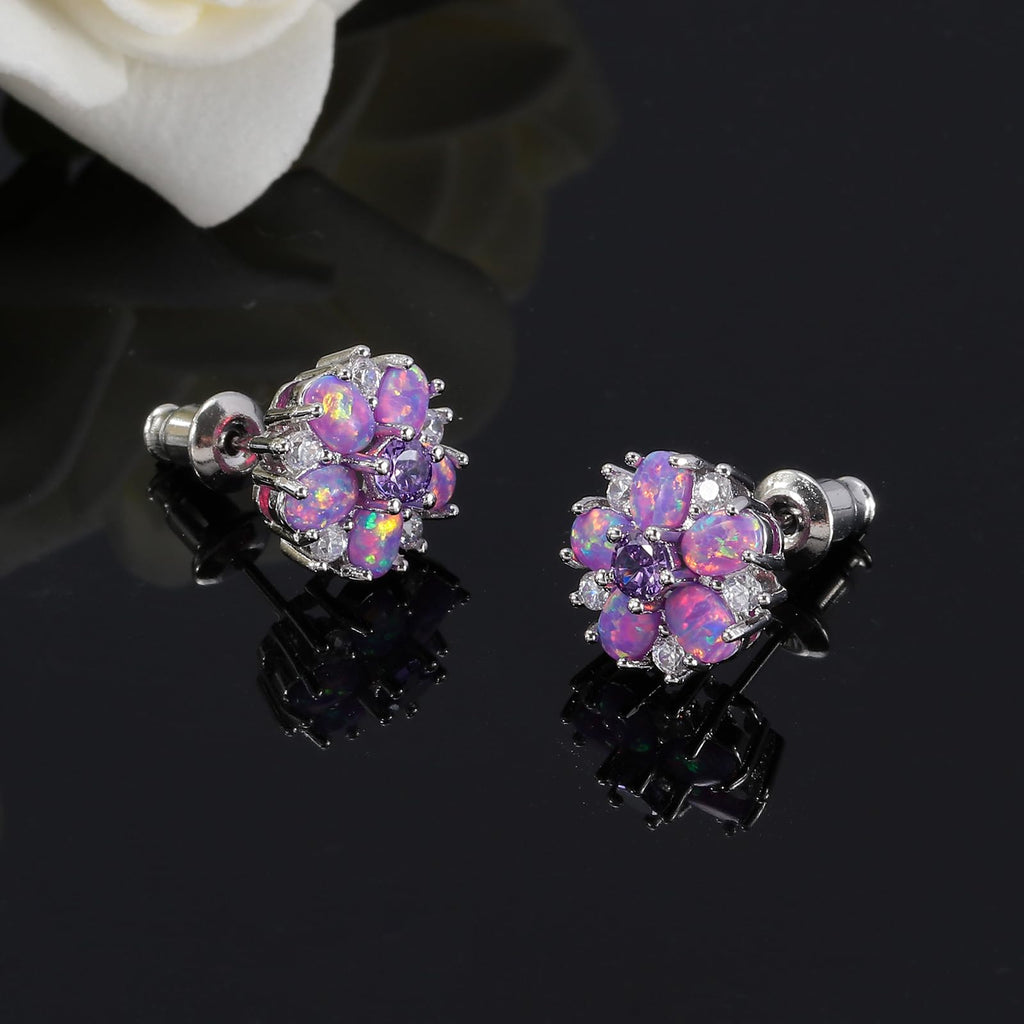 CiNily Flower Earrings Silver Plated Purple Opal Stud Earrings for Women