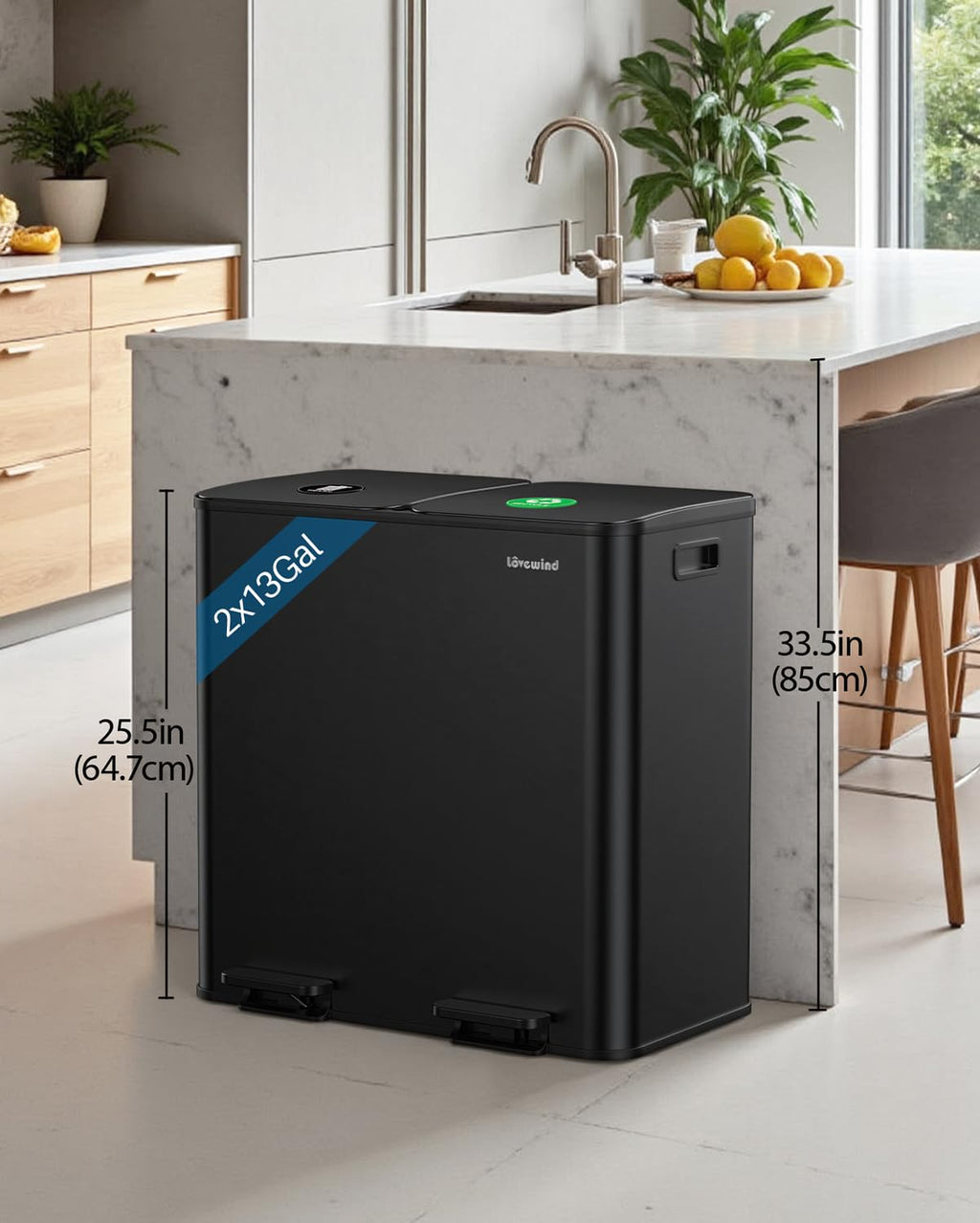 Dual Trash and Recycling Bins for Kitchen, 2×13 Gallon (2× 50L) Stainless Steel Trash and Recycle Bin Combo with Soft-Close Lid, Large Garbage Cans for Kitchen Home with 2 Magnets Sticker, Black