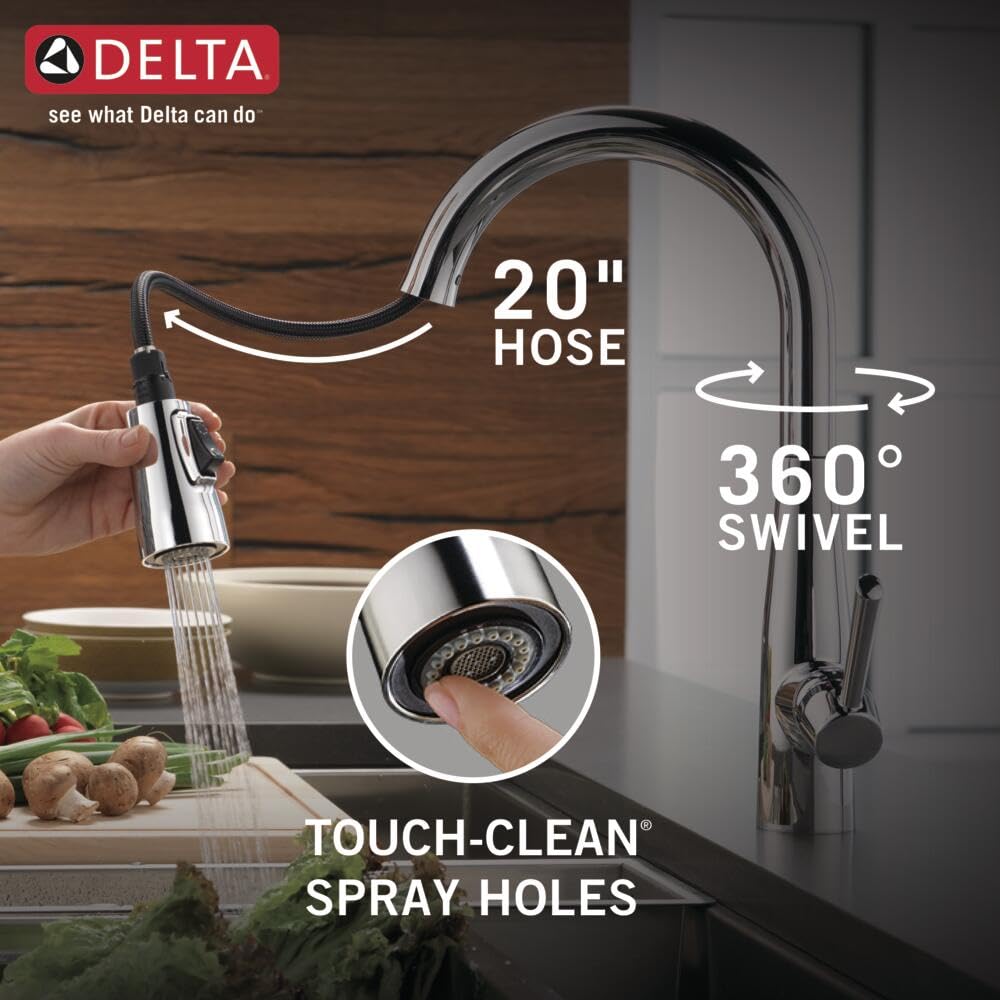 Delta Essa Chrome Kitchen Faucet with Pull Down Sprayer, Modern Single Hole Kitchen Sink Faucet, Single Handle, Chrome 9113-DST
