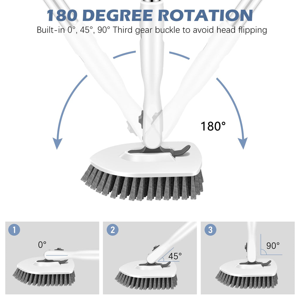 SetSail 4-in-1 Tile Tub Floor Scrubber with 52-inch Long Adjustable Handle Shower Cleaner Brush with V-Shaped Grout Brush and 3 Replacement Brush Heads for Bathroom Kitchen Walls Tub Tile, White Grey